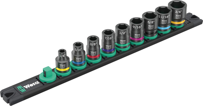 Wera 005452 9pc Magnetic Socket Rail B Impaktor Imperial 1 Socket Set, 3/8"