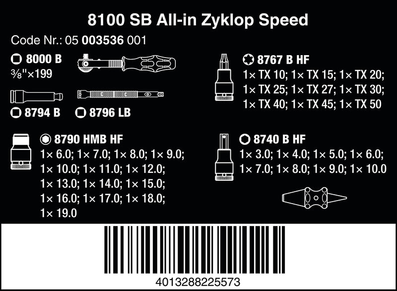 Wera 003536 35pc 8100 SB All-in Zyklop Speed Socket Set, 3/8"