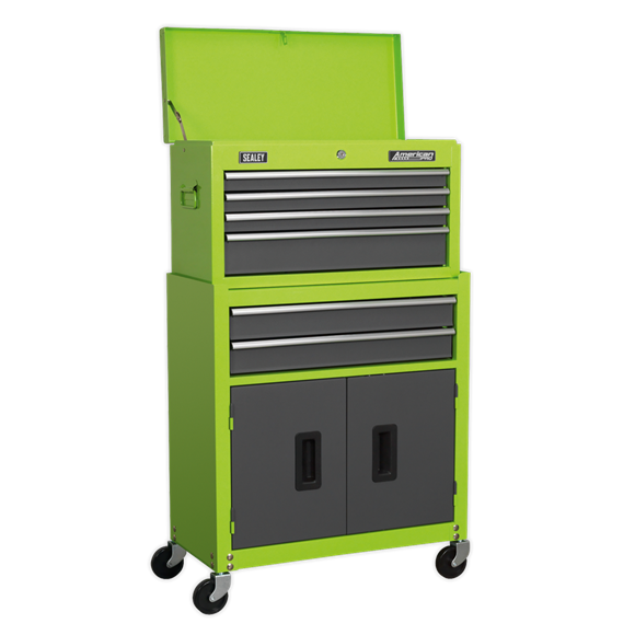 Sealey AP2200COMBOHV Topchest & Rollcab Combination 6 Drawer with Ball-Bearing Slides - Hi-Vis Green/Grey & 128pc Tool Kit