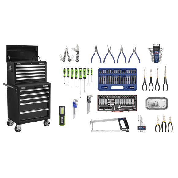 Sealey APCOMBOBBTK56 10 Drawer Black Topchest & Rollcab Combination with Ball Bearing Slides & 147pc Tool Kit