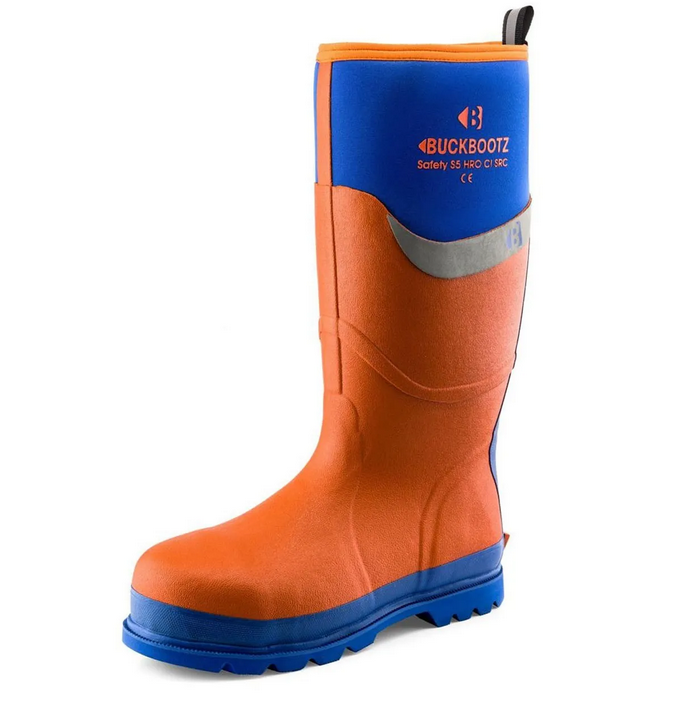 Buckbootz BBZ6000 Orange/Blue Neoprene/Rubber Heat and Cold Insulated Safety Wellington Boot