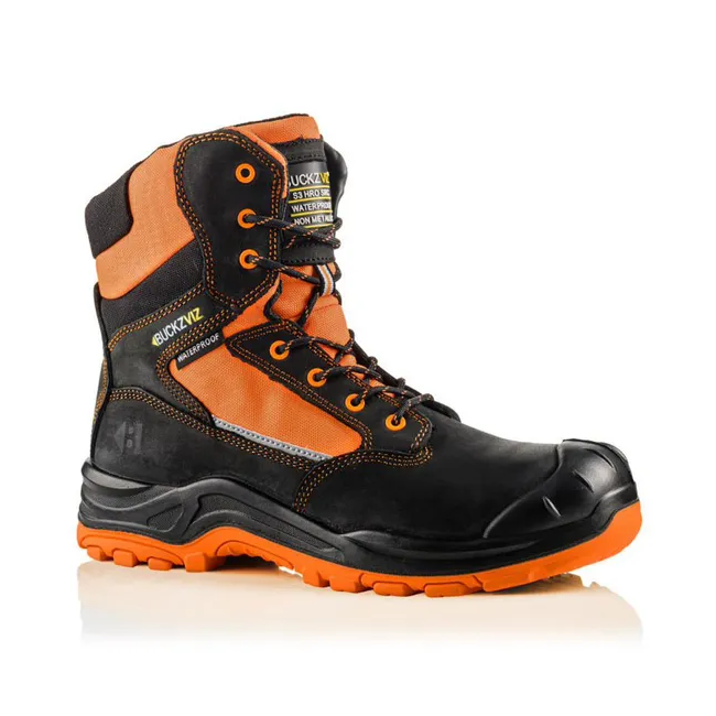 Buckbootz BVIZ1 Orange/Black 360 High Visibility Metal Free Waterproof Safety Lace/Zip Boot