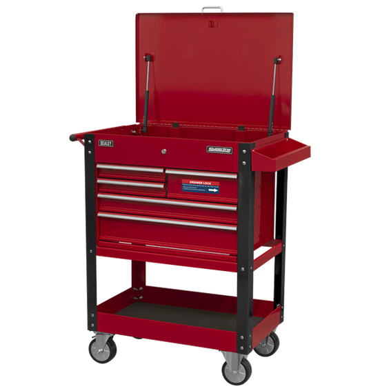 Sealey AP890M Heavy-Duty Mobile Tool & Parts Trolley with 5 Drawers & Lockable Top - Red