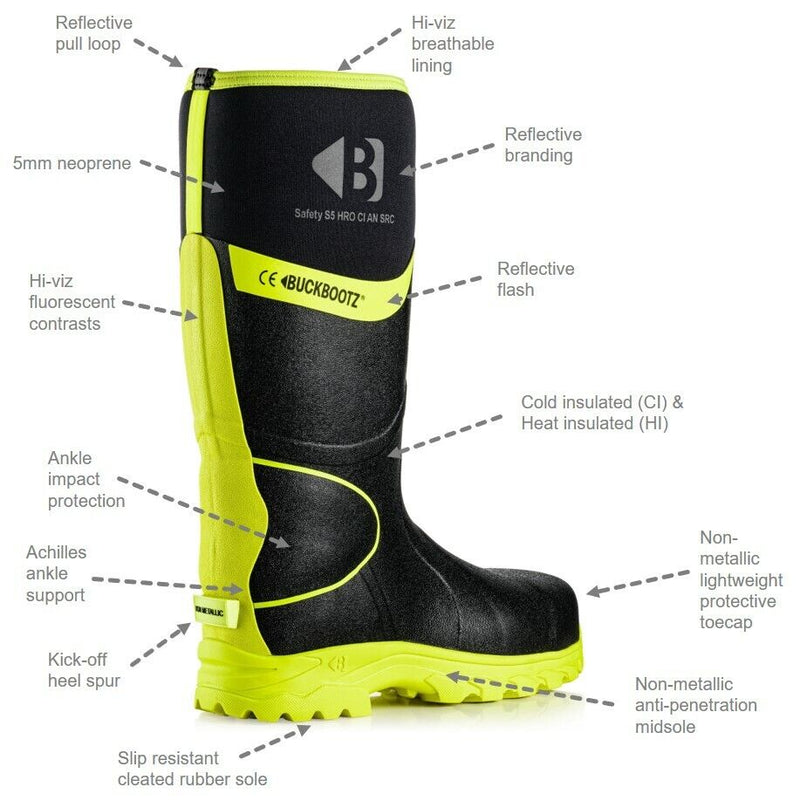 Buckbootz BBZ8000 Hi-Vis Black / Yellow Non-Metallic Safety Wellington Boots